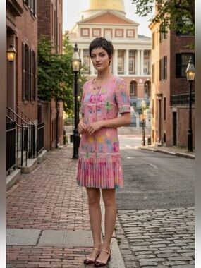 Vintage Emanuel Ungaro 80s Pink Floral Drop Waist Pleated Crepe Dress Size 4